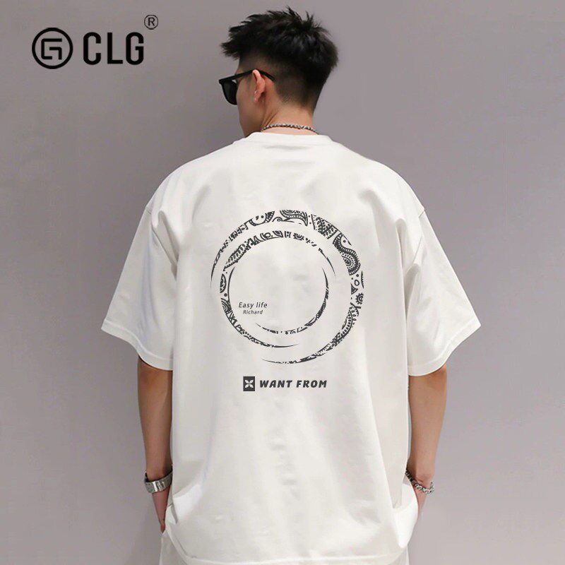 香港CLG潮牌潮流圆圈印花白色t恤男短袖美式宽松新款夏季宽松半袖