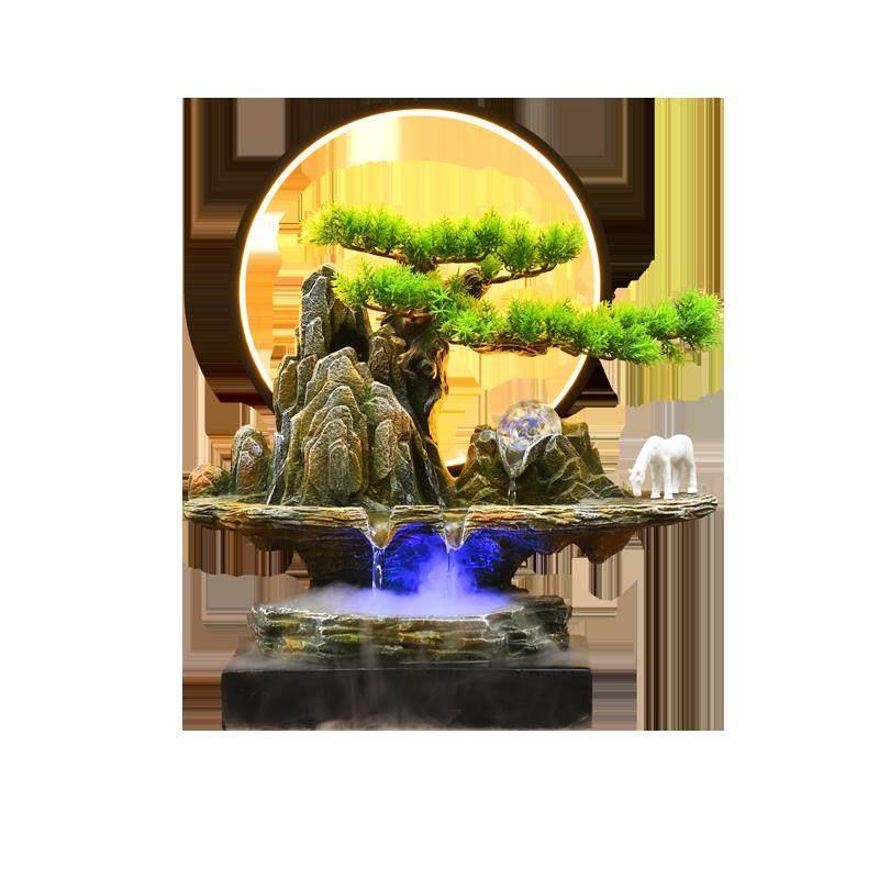 新中式假山流水喷泉摆件客厅办公室桌面装饰高山循环水生财风水轮