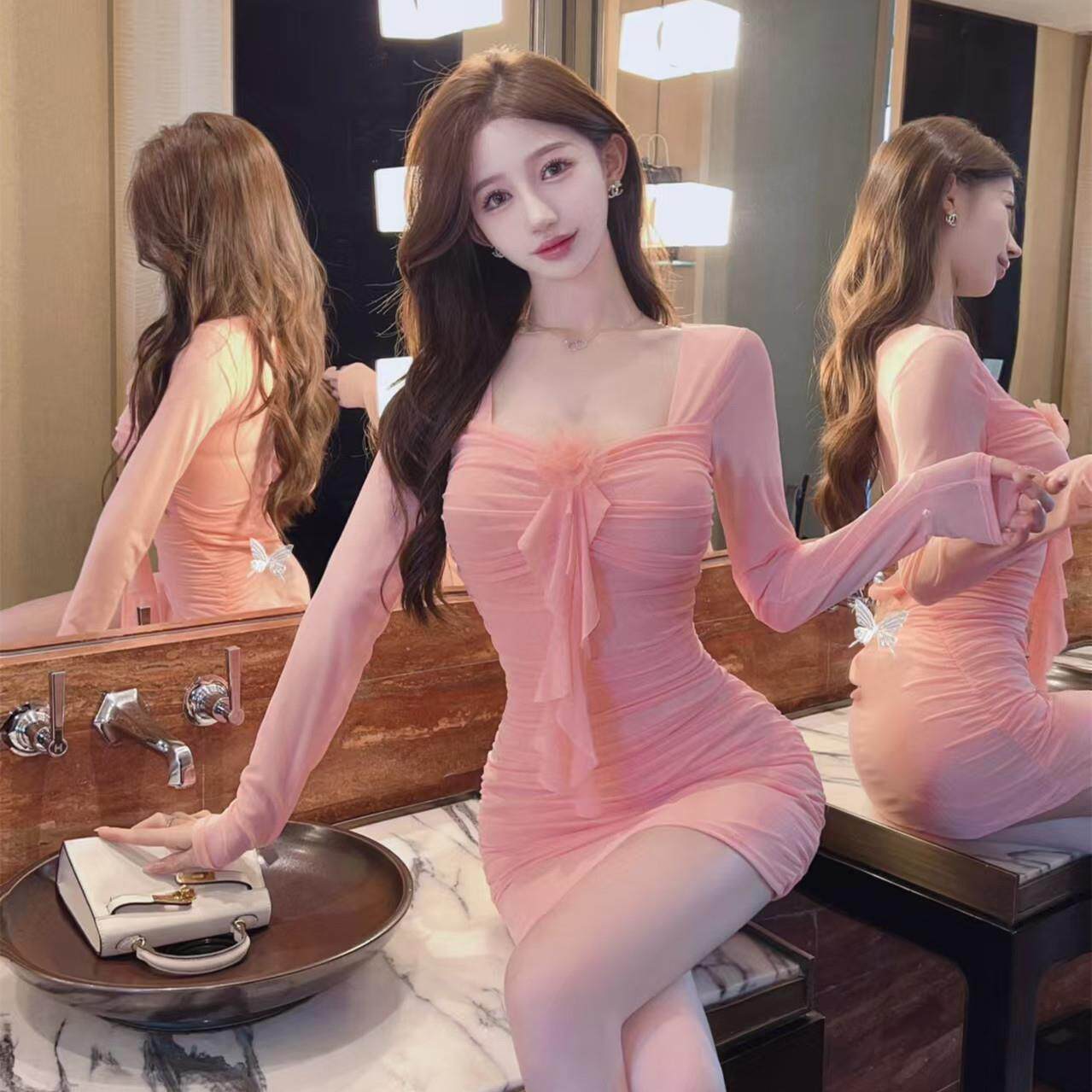 辣妹性感低胸花朵网纱黑色连衣裙长袖紧身包臀裙夜场上班衣服春秋