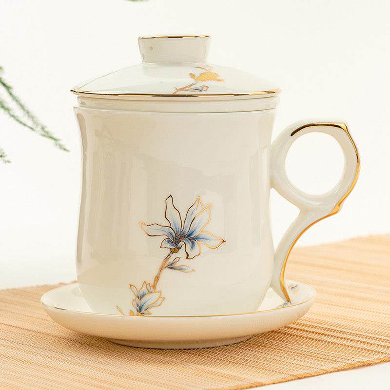 金岚玉唐山骨瓷带盖子漏茶漏杯茶具陶瓷单个泡茶杯带漏茶水过滤茶