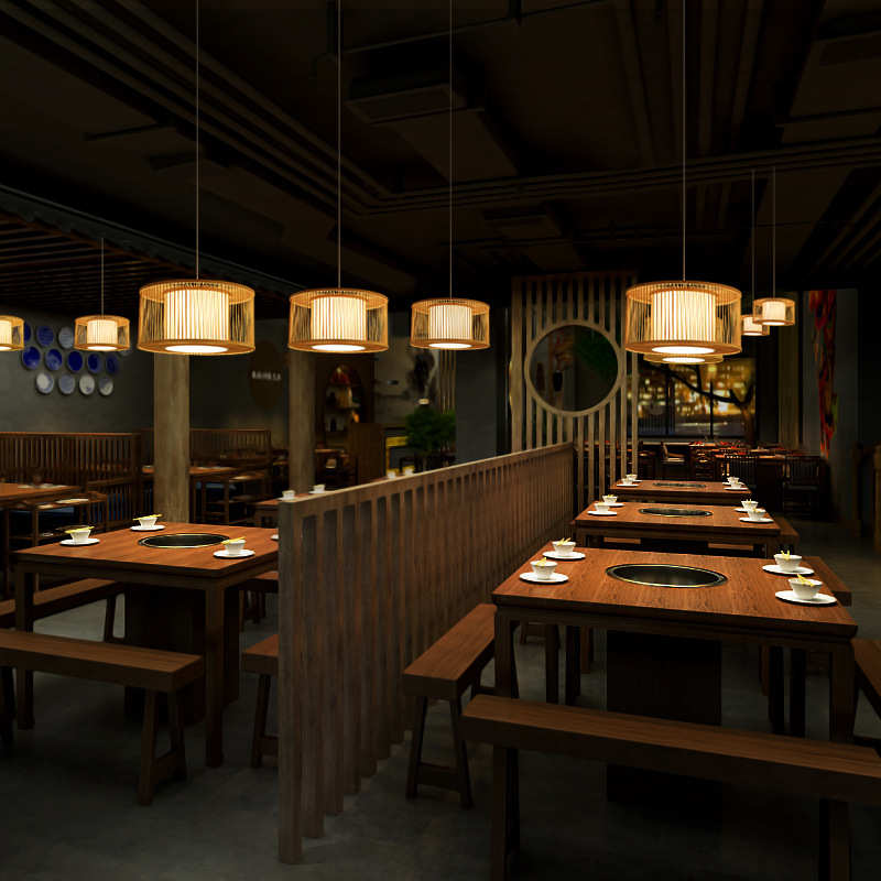 东南亚民宿酒店圆形竹艺日式禅意榻榻米客厅卧室餐厅餐桌吧台吊灯