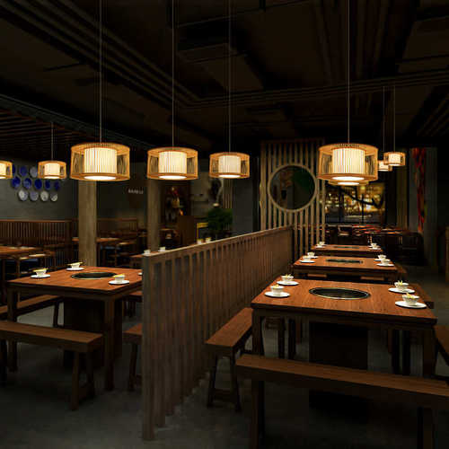 东南亚民宿酒店圆形竹艺日式禅意榻榻米客厅卧室餐厅餐桌吧台吊灯