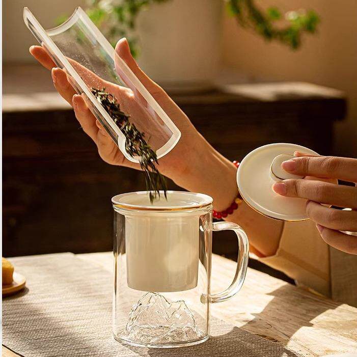 观山茶水分离透明杯带手柄办公室家用泡茶陶瓷过滤玻璃杯新中式