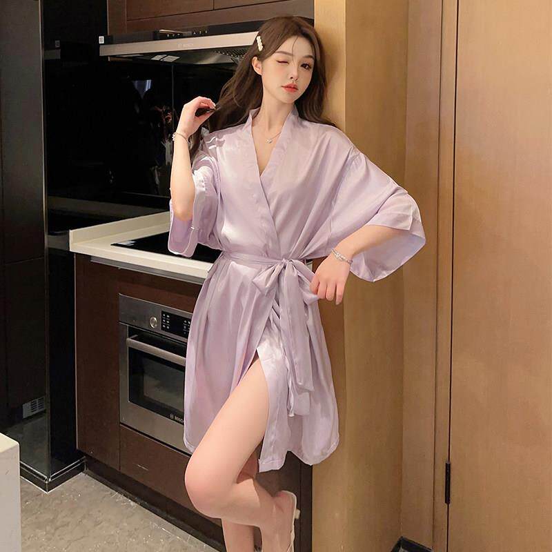 睡袍女款夏季凉感冰丝一片式系带浴衣浴袍中长版女士家居服睡衣裙
