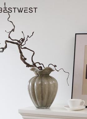 博西家居中古芬顿玻璃花瓶灰色褶皱花边法式复古插花桌面装饰品