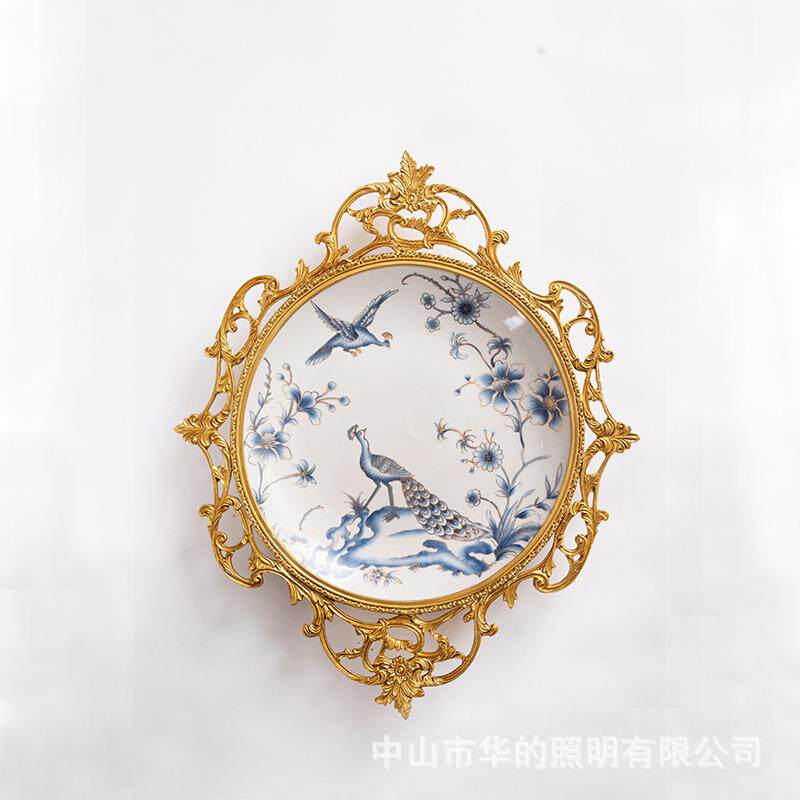 美式家居手绘陶瓷配铜装饰挂盘装饰盘墙面创意摆件饰品软装工艺品
