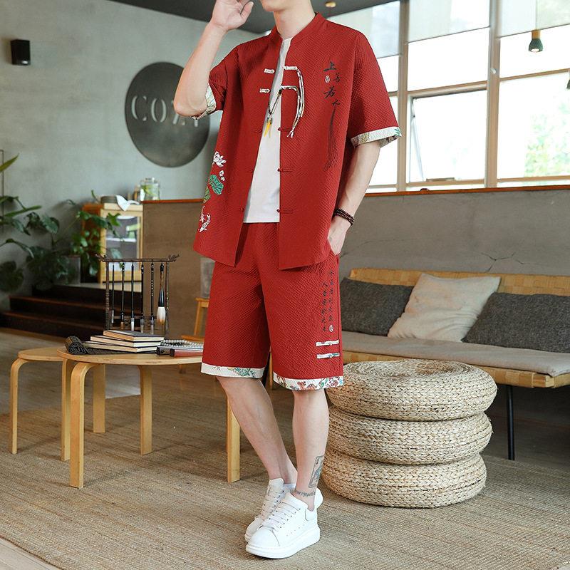 高端新中式可外穿家居服男款夏季夏天棉麻短袖短裤本命年睡衣套装