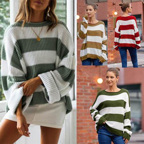 Round neck long sleeved knitted sweater for women, striped