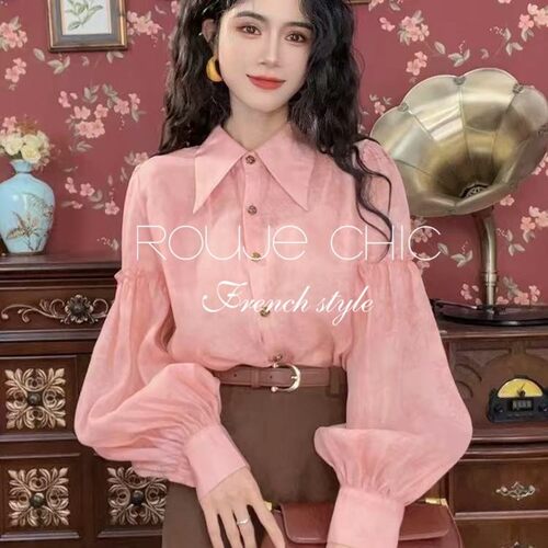 法国rouje chic春季法式复古粉色宽松修身衬衫设计感灯笼袖上衣女
