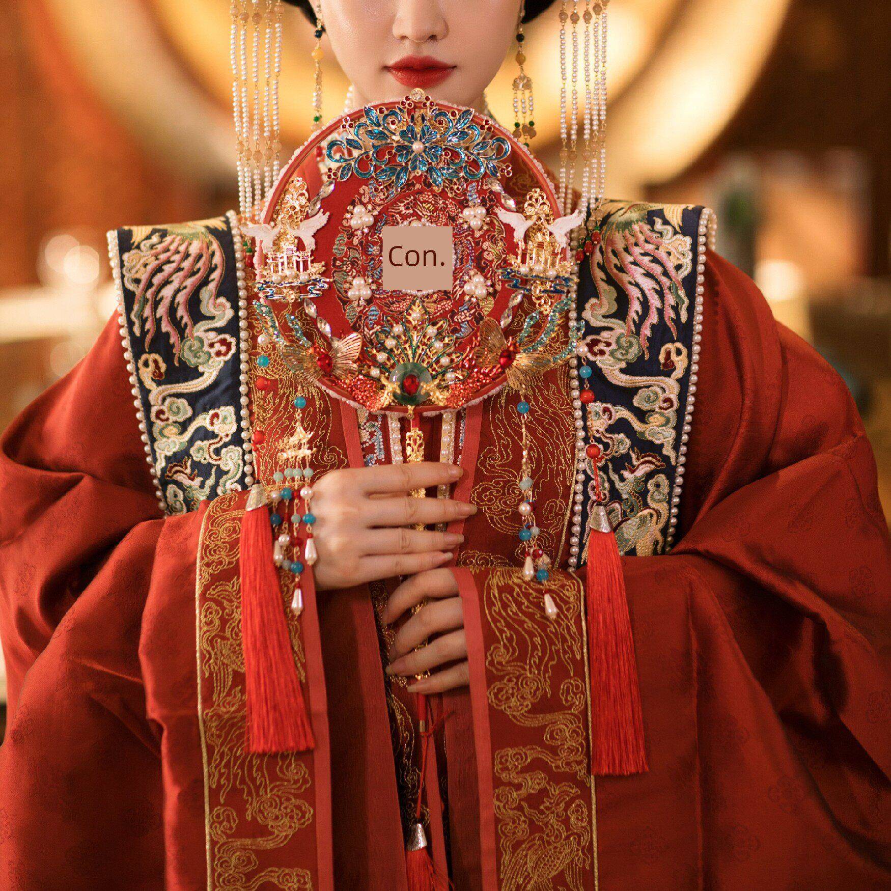 秀禾团扇成品新娘结婚明制新古典汉唐古风双面手工景泰蓝红色团扇