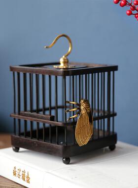 新中国禅宗风格木制金属迷你鸟笼茶室茶桌覆古风格软装饰托盘饰品