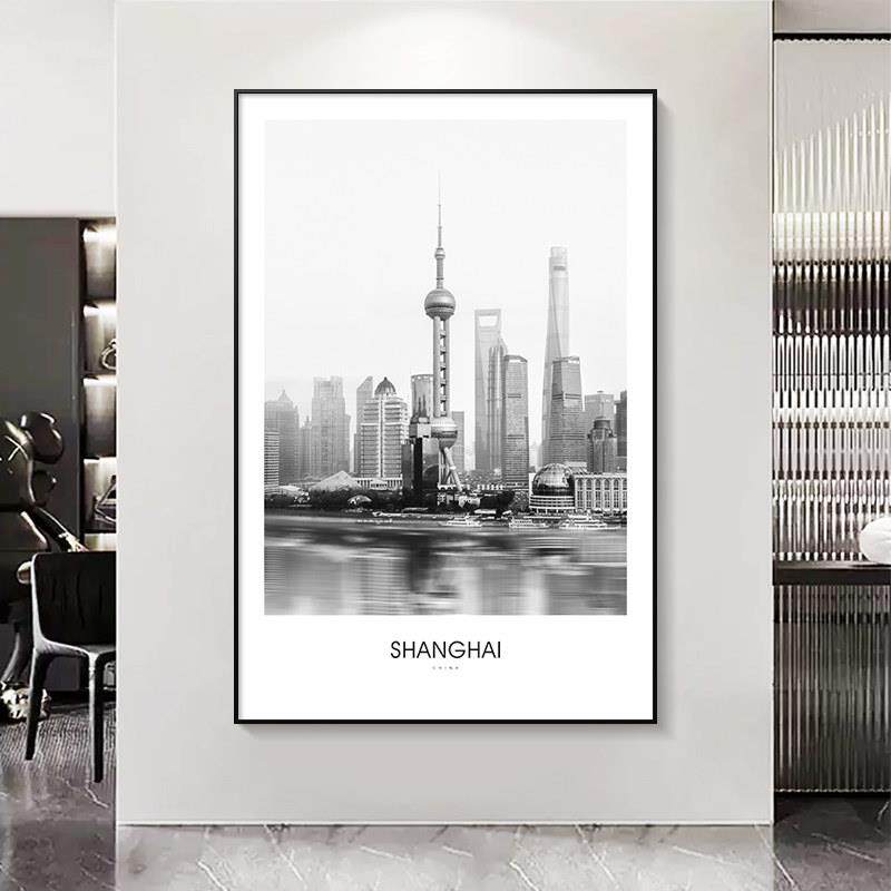 装饰画城市建筑上海黑白艺术风景摄影创意现代简约客厅定制壁挂画