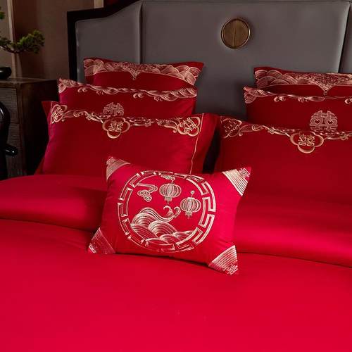结四DW-91005件套全绒棉床单被罩红色中式长棉嫁喜被套婚件婚庆床