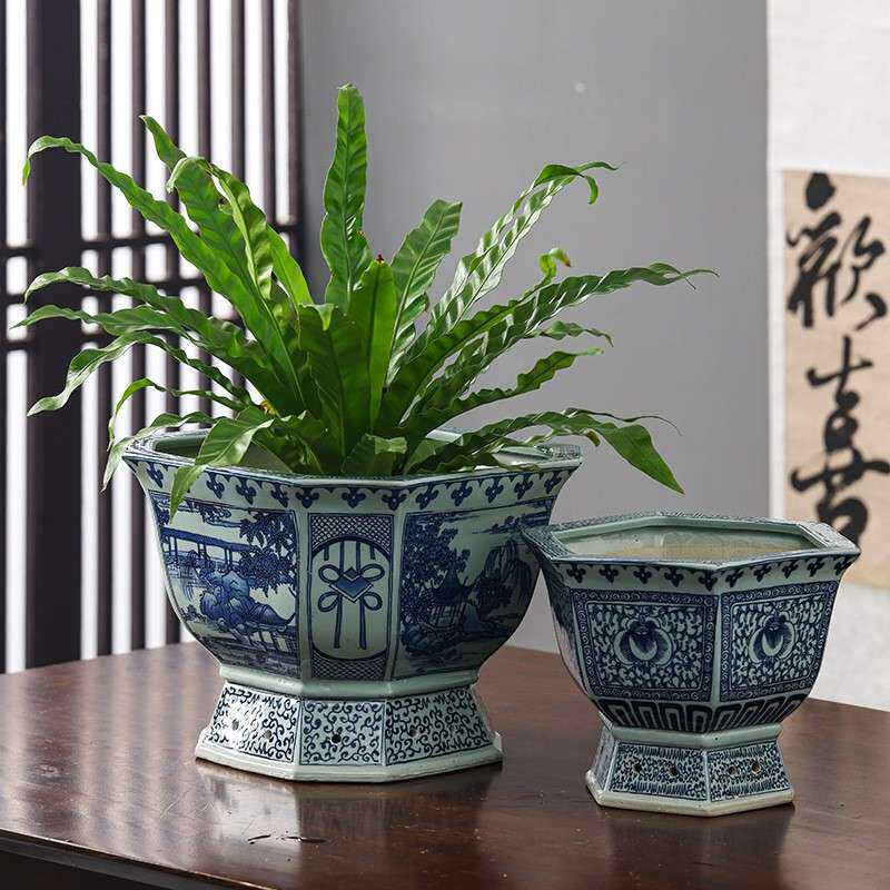 景德镇花盆陶瓷风青花瓷花盆绿萝吊兰陶瓷花盆仿古中式家居