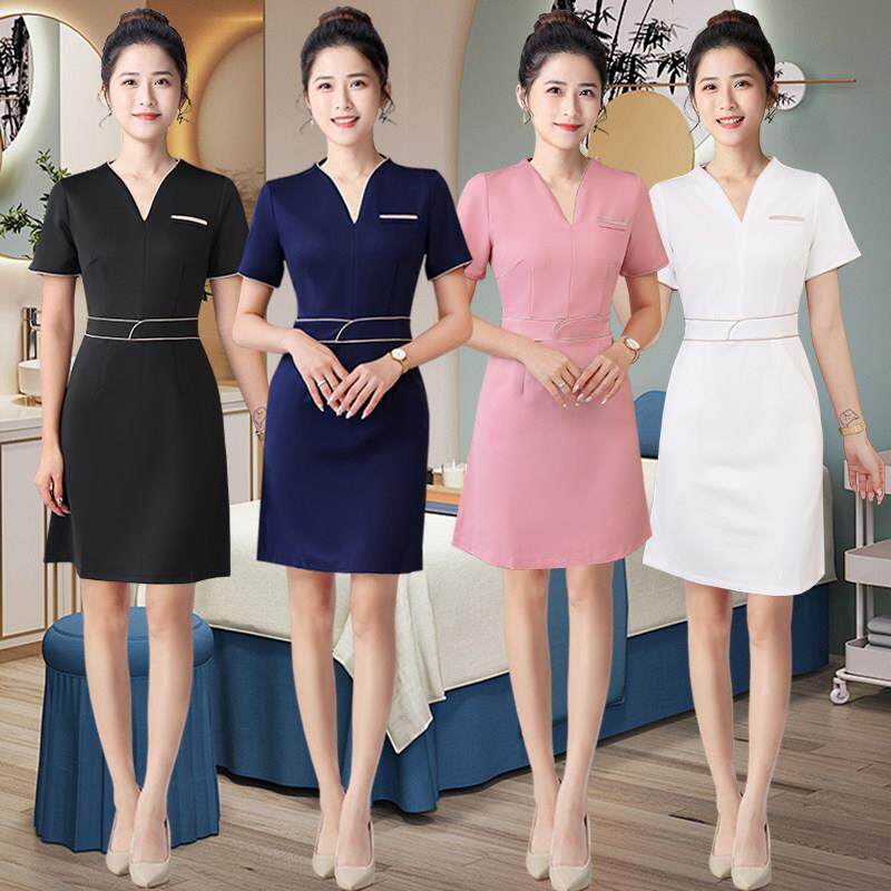 高端美容店工作服女足浴技师服短袖粉色产康师服装连衣裙气质时尚