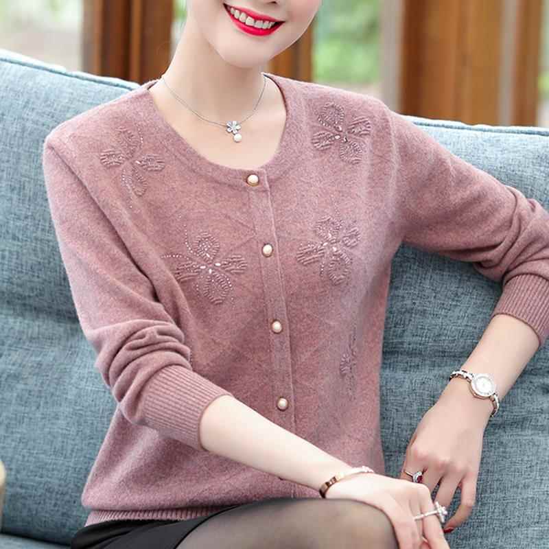 100%纯羊毛开衫中年女士妈妈款秋装毛衣50岁60中老年人圆领羊毛衫