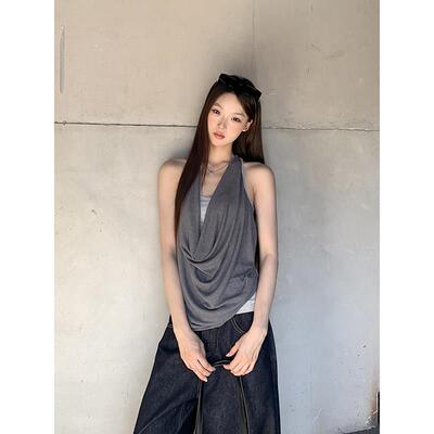 红人馆吊带背心女2026新款夏外穿美背chic韩系灰色假两件无袖上衣