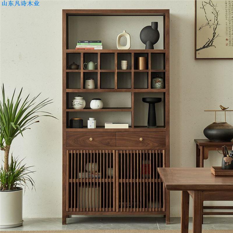 新中式全实木博古架老榆木黑胡桃木现代简约式置物展示架书架组合