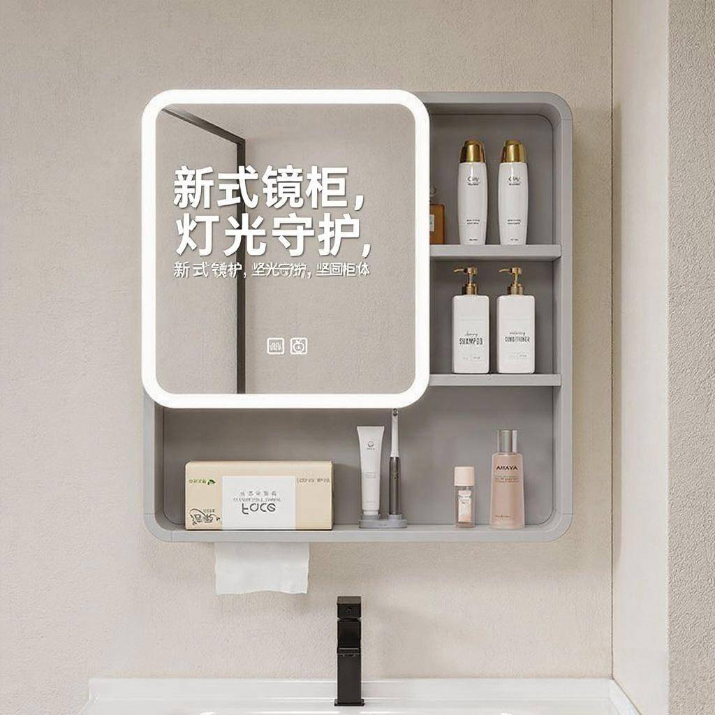 防水智能浴室镜镜柜化妆室墙式灯光收纳圆弧化妆镜收纳柜除雾镜子