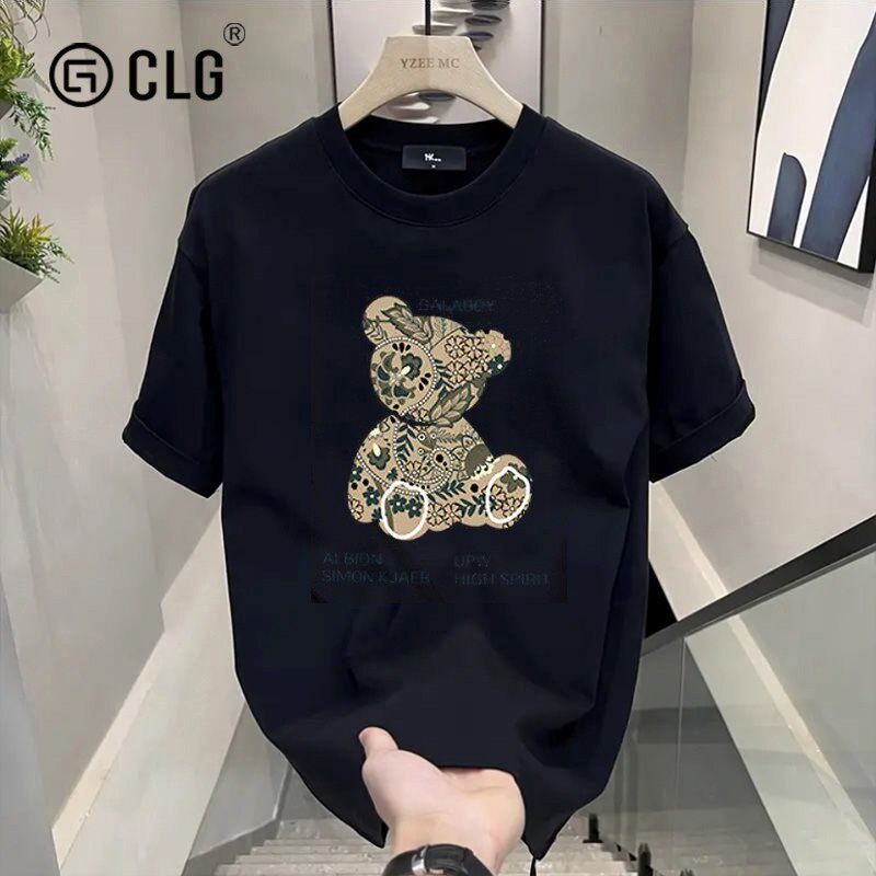 香港CLG潮牌260g重磅纯棉T恤潮流小熊印花男夏季圆领宽松百搭短袖