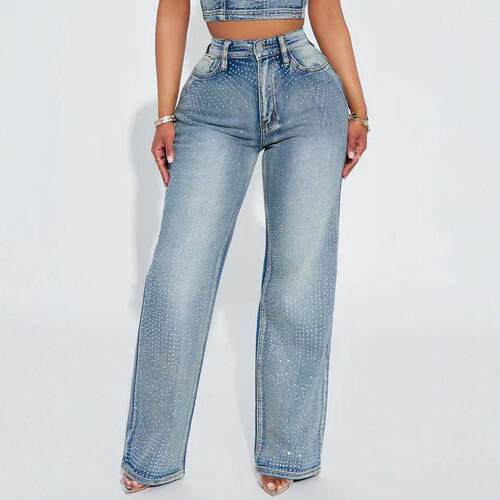 Women's Rhinestone Wide-Leg Jeans Mid-Waist Stylish Wide-Leg