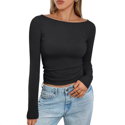 Womens' Fall Boat Neck Ribbed Top Long Sleeve Shirts For