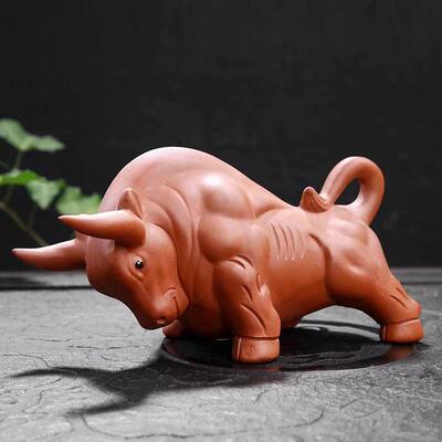 牛气冲天紫砂茶宠招财金牛风水摆件高级感茶桌客厅生肖牛描金礼品