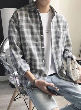 U 42215 Hong Kong style plaid men's long shirt 港风格子士