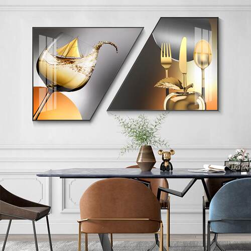 现代简约餐厅装饰画轻奢风饭厅创意梯形餐桌组合挂画酒杯晶瓷壁画