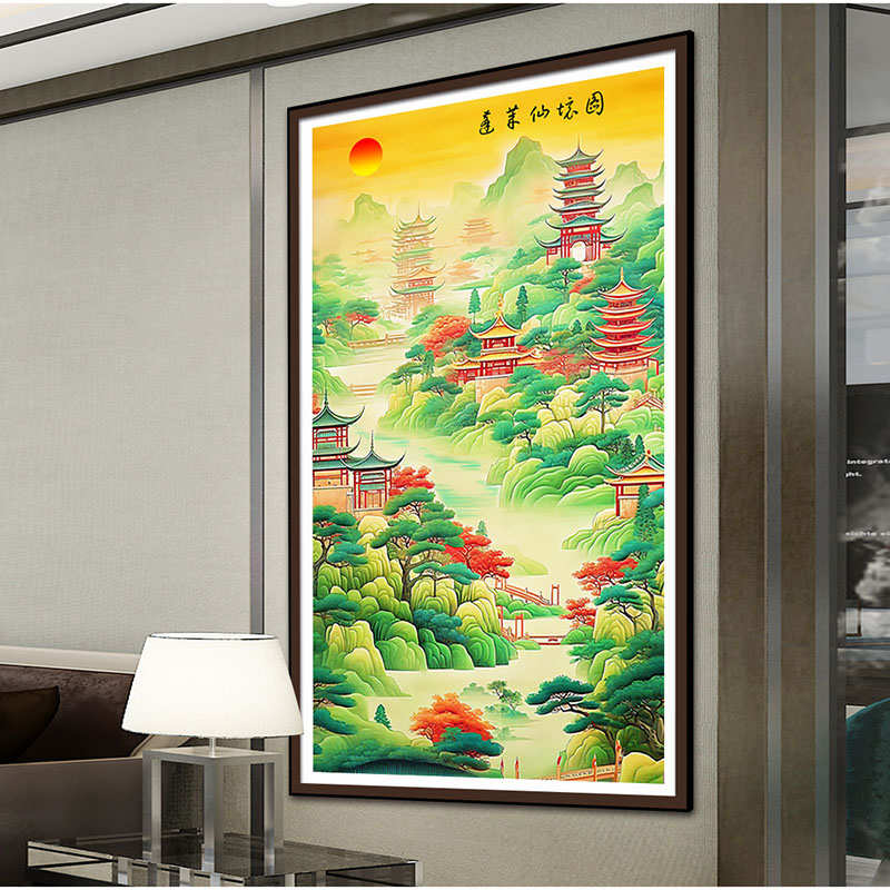 蓬莱仙境十字绣竖版2024新款客厅玄关现代装饰画自己绣手工刺绣图片