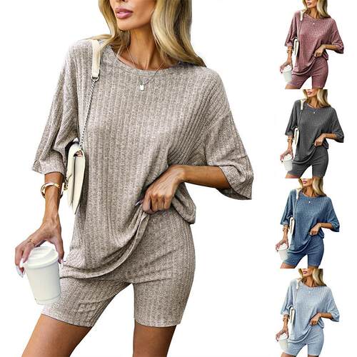 Two-Piece Set Women's Solid Round Neck Top & Elastic Waist