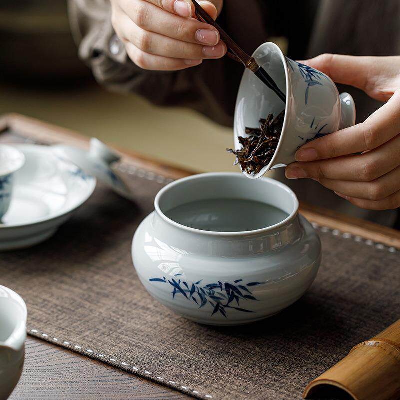 观岚庭仿古手绘蓝竹建水桌面茶盂茶渣缸青花杯洗陶瓷茶具配件水盂
