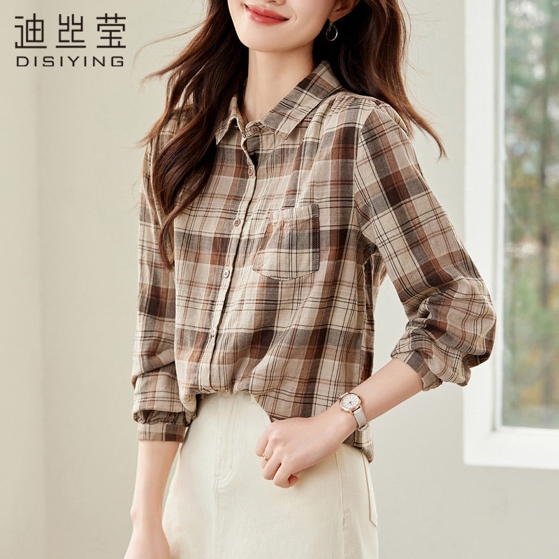格子衬衫女长袖纯棉2025年春秋季新款设计感小众宽松百搭上衣衬衫