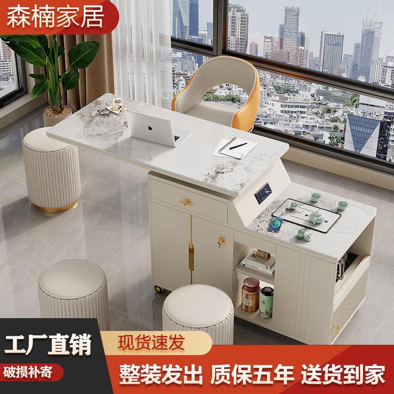 北欧轻奢岩板可移动茶台多功能可旋转烧水壶一体茶车沙发客厅茶桌