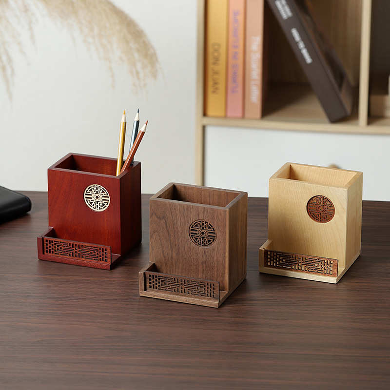 名片座笔筒实木创意桌面前台木质笔座摆台男女商务大容量收纳盒