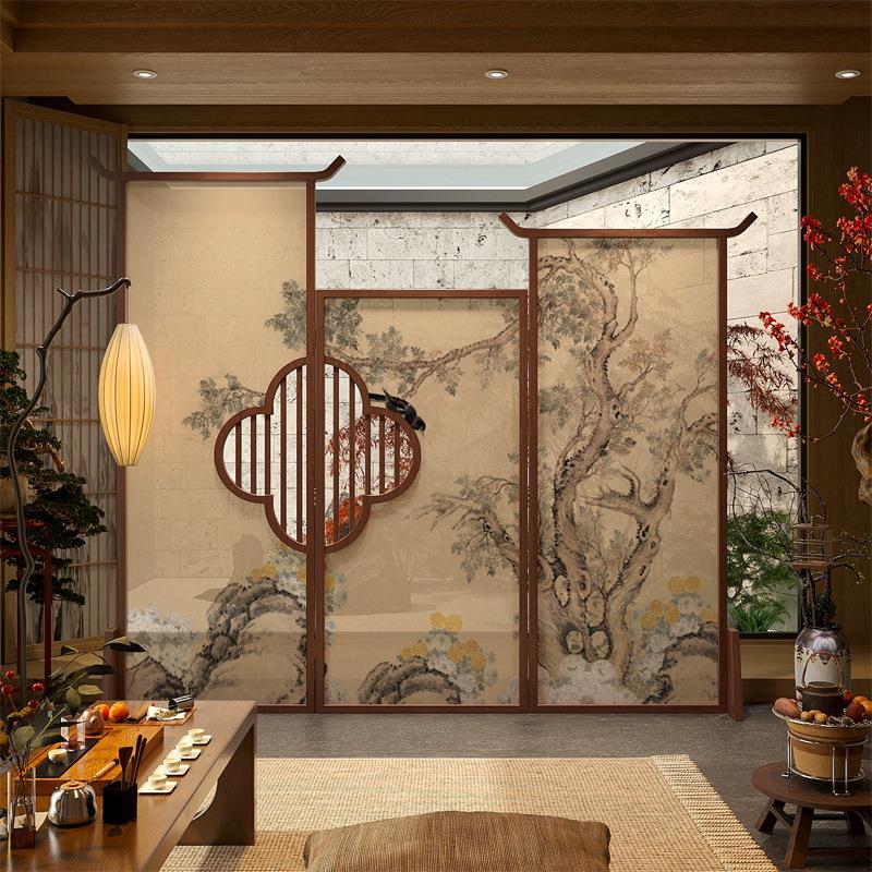 宋氏美学屏风隔断客厅墙角茶室背景装饰遮挡折叠实木花型镂空折屏