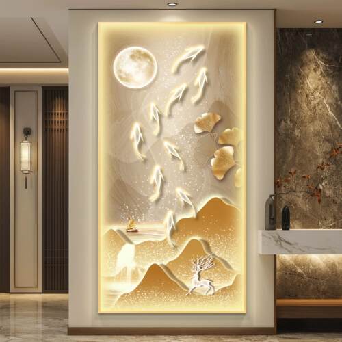 轻奢九鱼图 LED灯画入户门玄关装饰画银杏福鹿招财山水气氛灯挂画