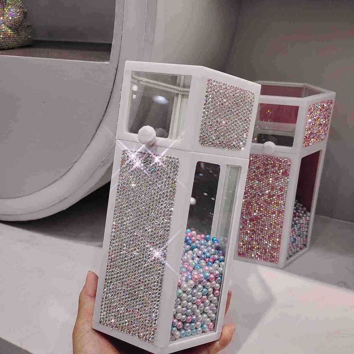 玻璃化妆刷收纳盒防尘带盖ins北欧风镶钻眉笔眼线笔筒珍珠刷子桶