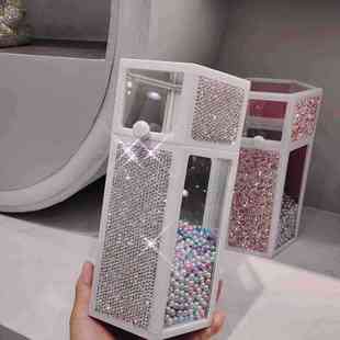 玻璃化妆刷收纳盒防尘带盖ins北欧风镶钻眉笔眼线笔筒珍珠刷子桶
