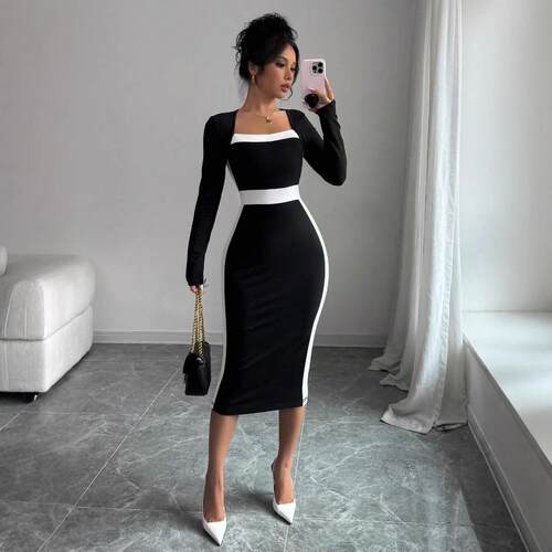 Elegant Square Neck Contrast Color Slim Fit Long Dress Set