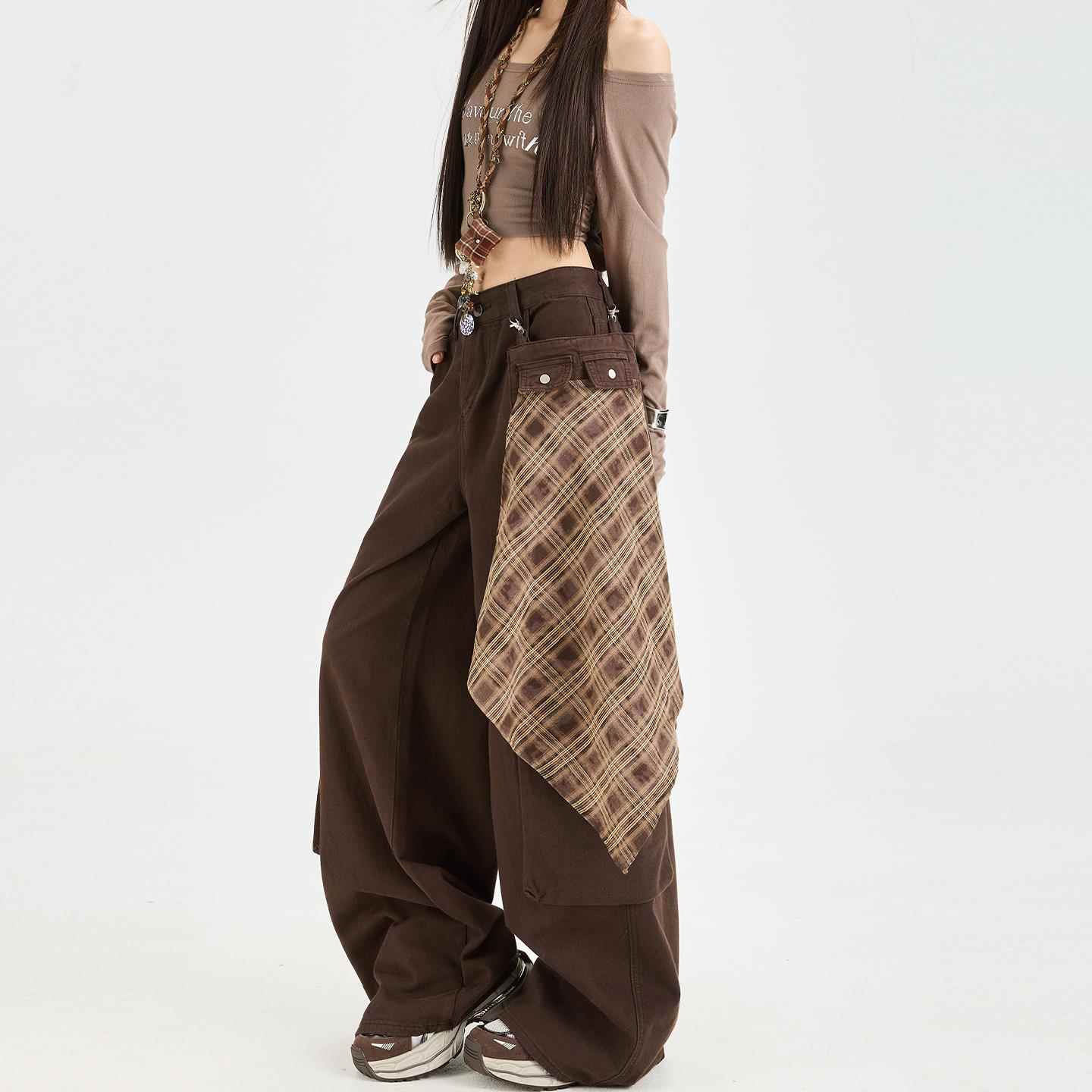 覆古美拉德棕色屁帘工装牛仔裤女秋季2025新款户外宽松拖地阔腿裤