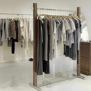 复古简约风木质服装展示架不锈钢落地式挂衣架女装店铺衣架陈列架