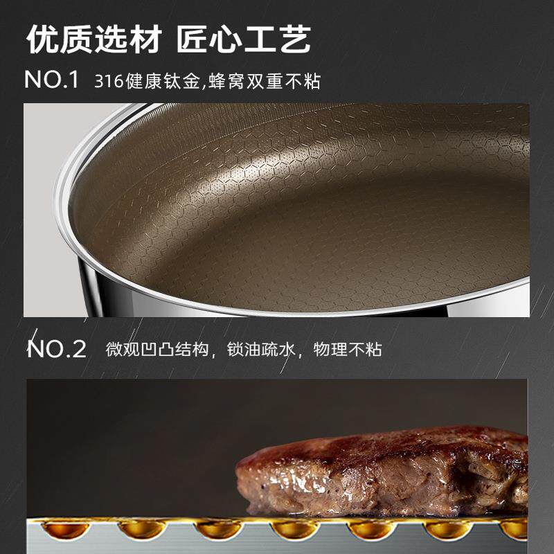 不粘锅平底锅家用煎锅316不锈钢钛金蜂窝电磁炉通用煎牛排专用锅