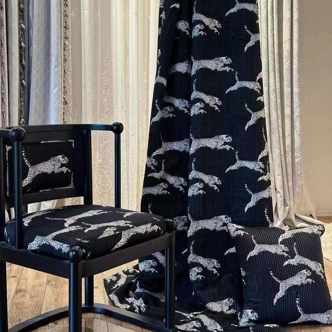 金钱豹纹雪尼尔提花窗帘面料家具抱枕窗帘成品法式复古黑白豹纹帘