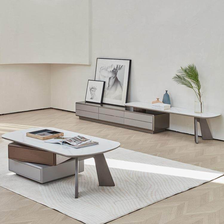 岩板电视柜现代简约茶几组合轻奢客厅家用小户型可伸缩储物落地柜