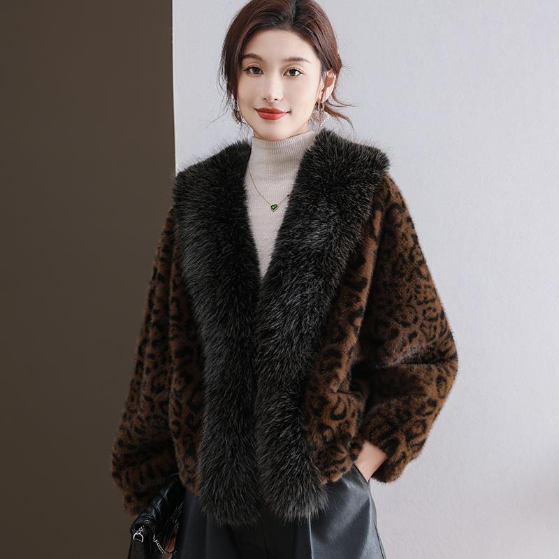 水貂绒皮草大衣豹纹外套女开衫宽松大码羊毛衫狐狸毛领披肩妈妈装