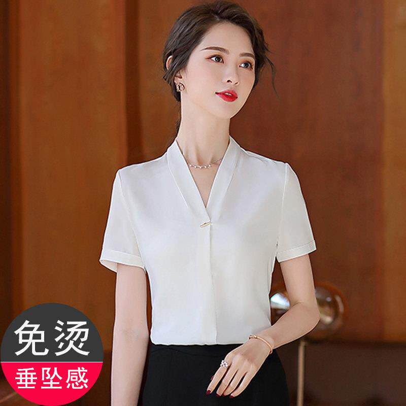 雪纺白衬衫女短袖设计感小众领上班服夏季垂感气质套头薄款衬衫