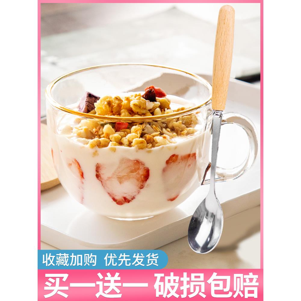 酸奶碗大容量玻璃杯燕麦片早餐杯子女牛奶杯带盖勺碗杯带把甜品碗