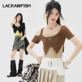 lacrawfish假两件甜辣小上衣圆领，吊带露肩撞色不规则，弹力短t恤女