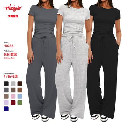 Women's 2 Piece Short Sleeve Set Fitted Crop Top &